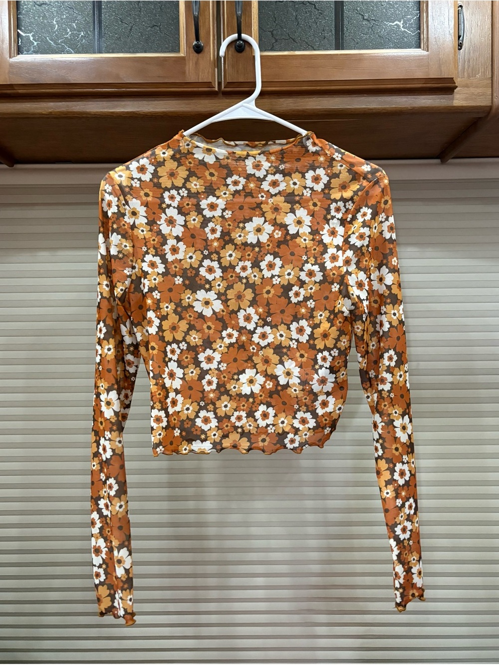 SHEIN Orange Floral Mesh Long-Sleeve Top